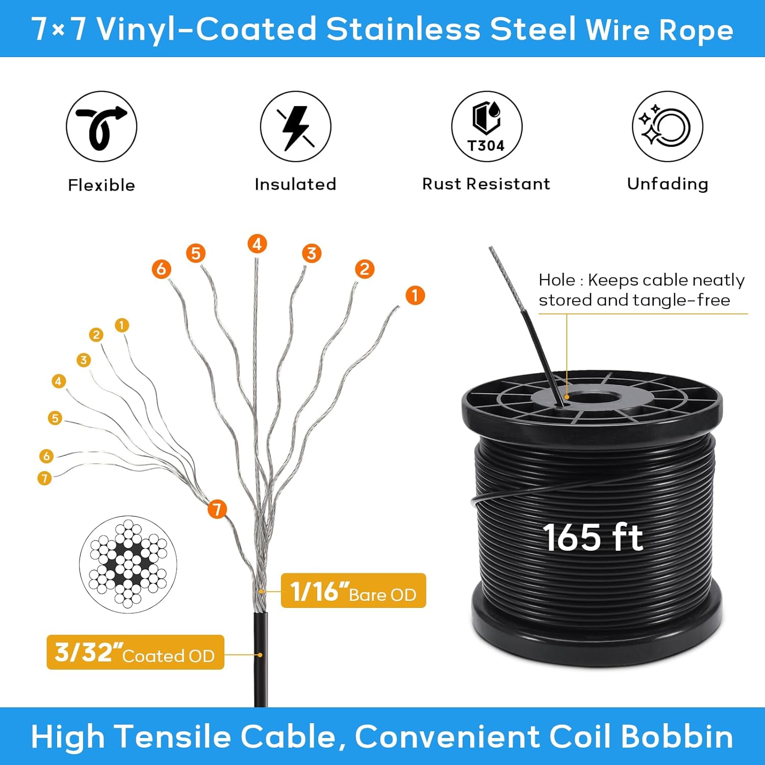String Light Hanging Kit with 164FT Vinyl Coated Stainless Steel 304 Wire Rope Suspension Kit Included Enough Accessories with Turnbuckles and Hooks for Patio, Garden and Wedding Lighting
