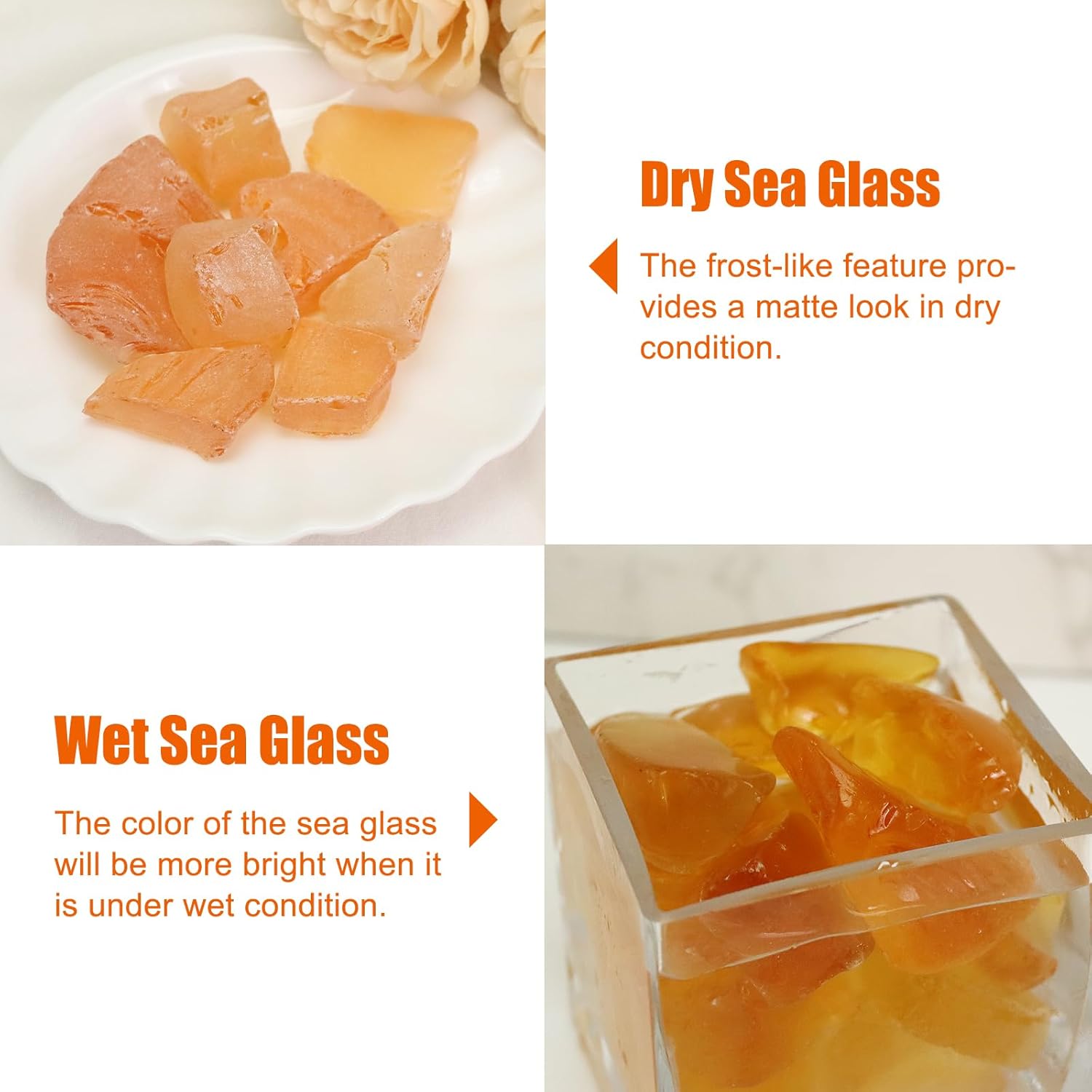 5LB Frosted Sea Glass Vase fillers Crushed Glass, Sea Glass Decor Ideal for DIY Craft, Aquarium Gravels, Home Decor Crushed Sea Glass Pieces for Beach Wedding, 0.7-3 Inch Orange Yellow