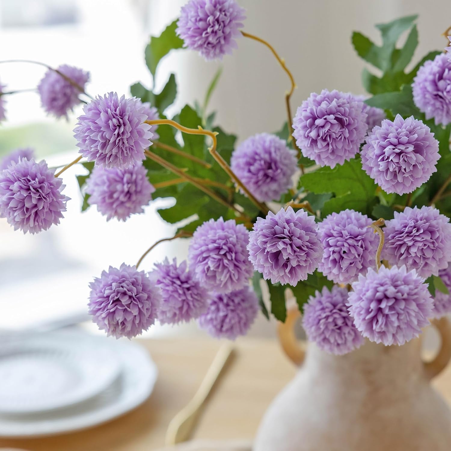 mizii 6Pcs Purple Fake Silk Pompon Mum Artificial Flowers Bulk Small Faux Chrysanthemums with Stems Realistic Floral Decorations for Wedding DIY Bouquet Centerpieces Shower Vase Home Decor (Purple)