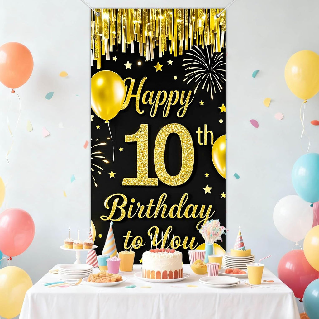 IVN 10th Birthday Door Cover 71x35 Inch Black Gold Birthday Banner for Party Decorations Balloons Stars Fireworks Backdrop Sign for Men Women Photo Booth Prop Wall Decor