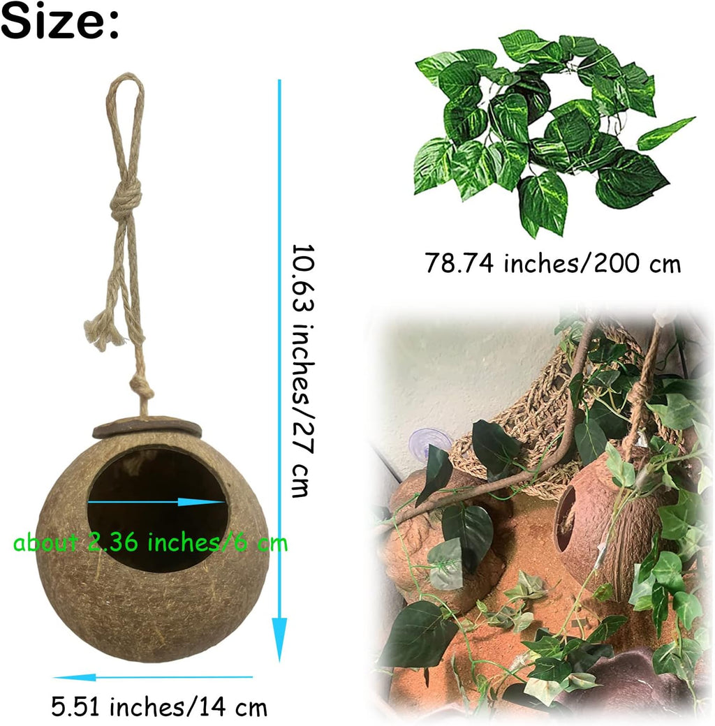 Crested Gecko Coconut Hide Natural Lizard Coco Hut Reptile Hanging Nest Flexible Vine Habitat Decoration Bearded Dragon Terrarium Accessories for Chameleon Tree Frog Snake Hermit Crab