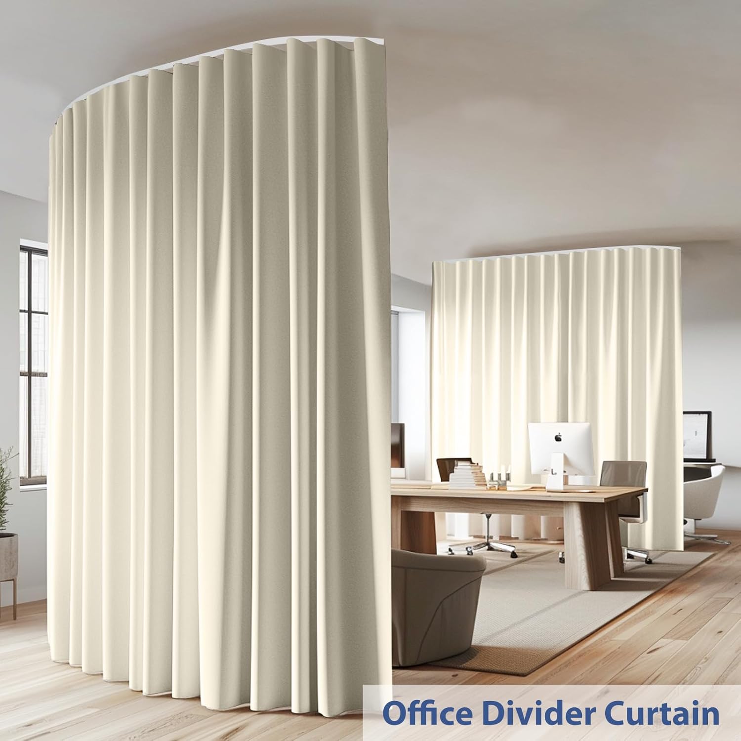 Room Divider Ceiling Mounted Curtains Track Sets Extra Wide Blackout Curtain Flexible Tracks for Bedroom Privacy Partition Separator, 1 Panel Beige Drape and White Rail, W15 x H7ft