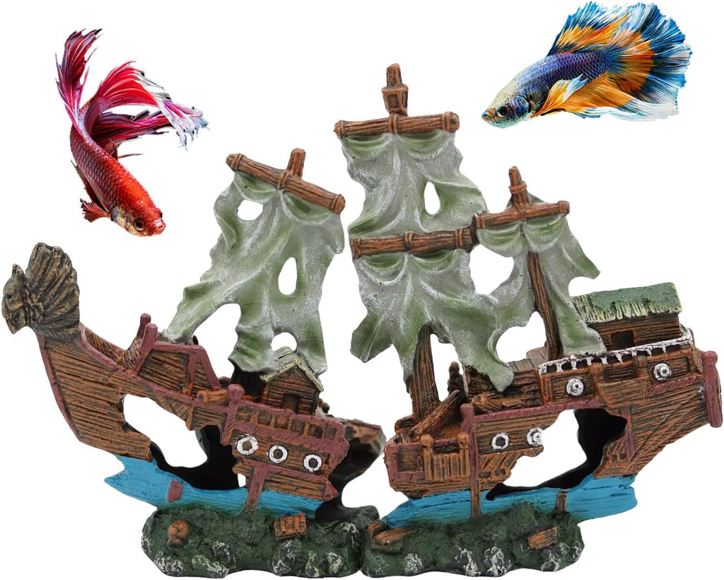 UNEAK - Small Pirate Shipwreck Aquarium Decorations Ornament w/Sail (2 Pieces) 5 Gallons and Larger Fish Tank, Sunken Ship Decoration Ornaments, Decorative Resin Boat for Freshwater Saltwater Decor