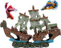 UNEAK - Small Pirate Shipwreck Aquarium Decorations Ornament w/Sail (2 Pieces) 5 Gallons and Larger Fish Tank, Sunken Ship Decoration Ornaments, Decorative Resin Boat for Freshwater Saltwater Decor
