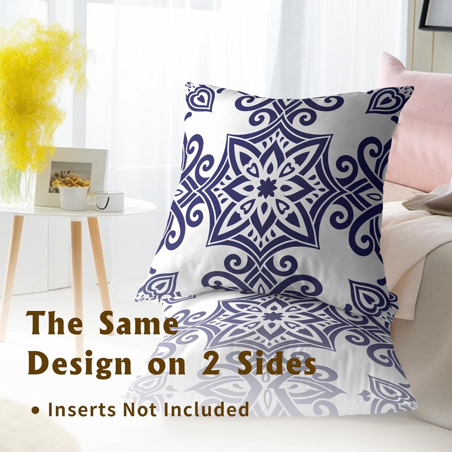 Navy Blue Symmetrical Floral Throw Pillowcases Set of 2 All-Season Soft Pillow Covers with Hidden Zipper,Durable for Sofa Bed Car Decor & Gift 18x18Inch