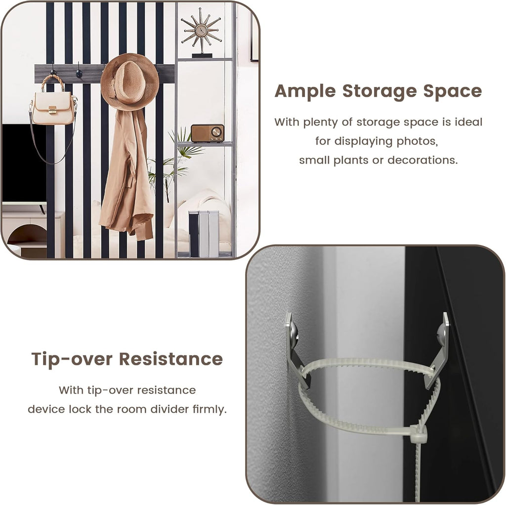 Room Divider with Shelves, Wall Room Divider Bookshelf, Freestanding Wood Privacy Screen with Storage Cabinet, Coat Rack, Display Shelf for Living Room Separation, Home Office Decorative