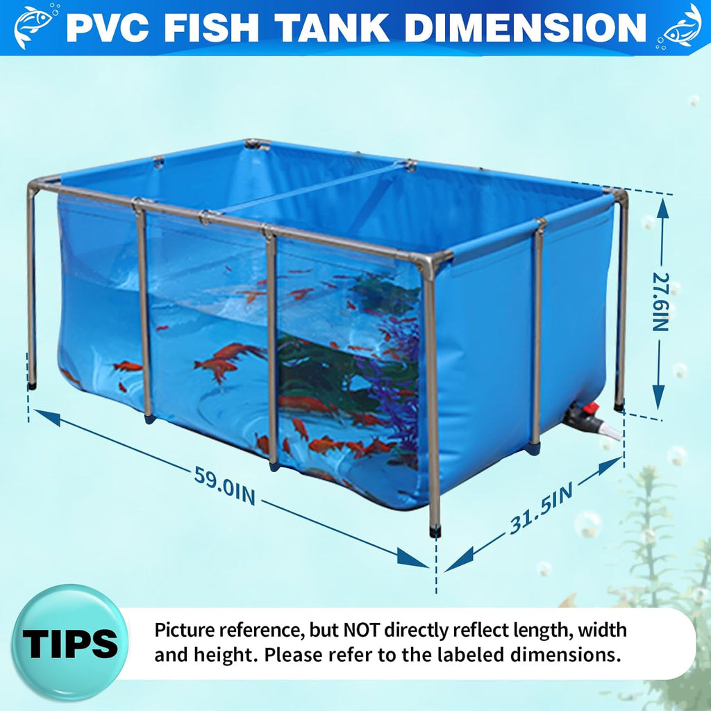 PVC KOI Aquarium Tank, Temporary Fish Tank with Clear Viewing Panel, KOI/Goldfish Pond with 304SS Frame & Drain Valve(59.0" L*31.5" W*27.6" H, About 200Gal Water Capacity)