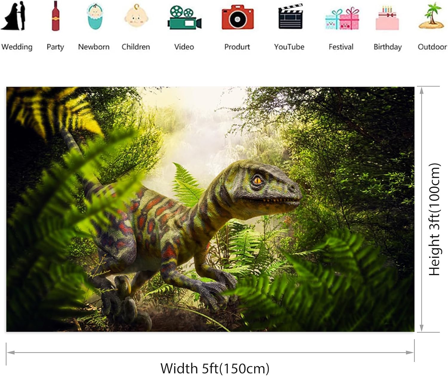 Renaiss 5x3ft Dinosaur Backdrop for Photoshoot Fabric Jurassic Period Jungle Forest Photography Background for Kids Boys Man Birthday Party Supplies Wallpaper Portrait Photo Props
