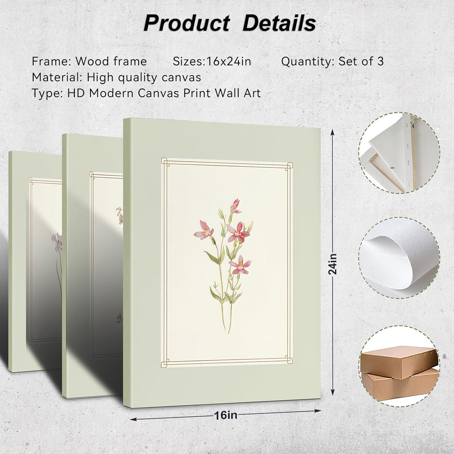 3pcs Framed Simple Vintage Floral Botanical Flower Wall Art Decor Canvas Print Natural Plant Artwork Wall Painting Poster Gallery Bedroom Living Room Office Decor 16x24 Inch Ready to Hang