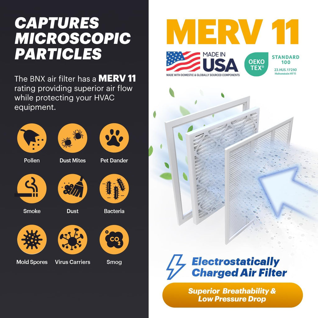 BNX TruFilter 10x10x1 Air Filter MERV 11 (4-Pack) - MADE IN USA - Allergen Defense Electrostatic Pleated Air Conditioner HVAC AC Furnace Filters for Allergies, Dust, Pet, Smoke, Allergy MPR 1200 FPR 7