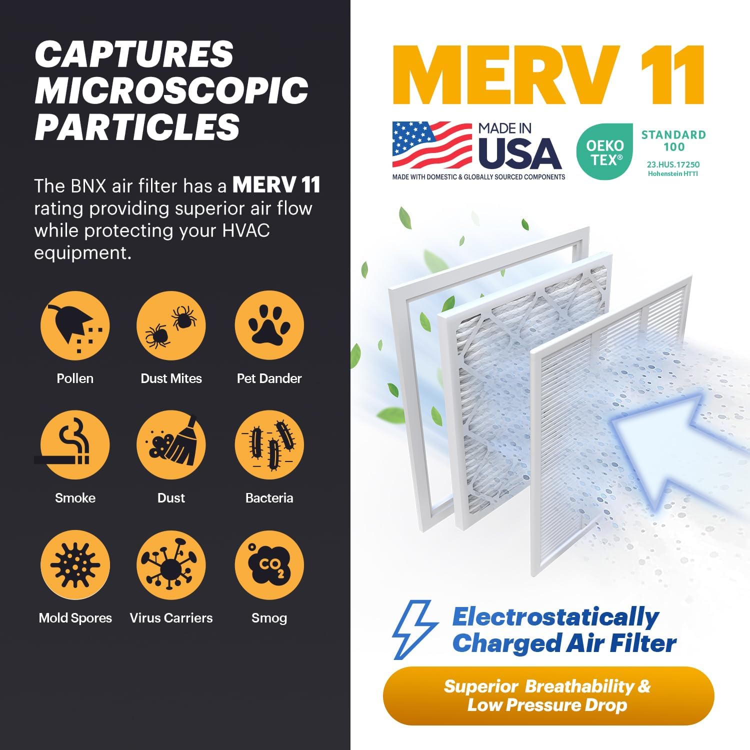 BNX TruFilter 16x24x1 Air Filter MERV 11 (12-Pack) - MADE IN USA - Allergen Defense Electrostatic Pleated Air Conditioner HVAC AC Furnace Filters for Allergies, Dust, Smoke, Allergy MPR 1200 FPR 7