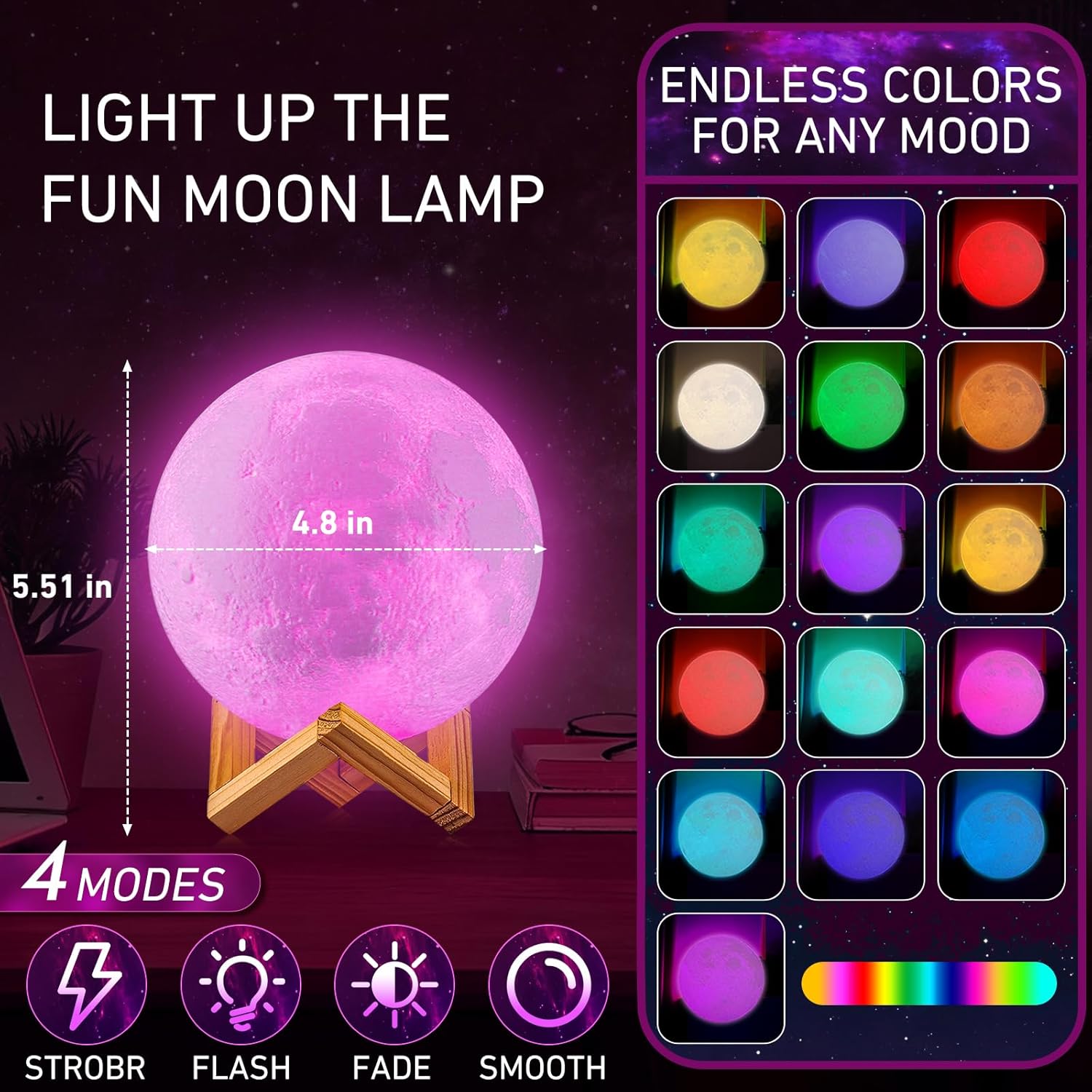 LOGROTATE Moon Lamp, 16 Colors LED Night Light for Kids 3D Printing Moon Light with Stand& Remote/Touch Control & Timing, Moon Light Lamp for Kid Friend Birthday Gifts, Room Decor (Diameter 4.8 INCH)
