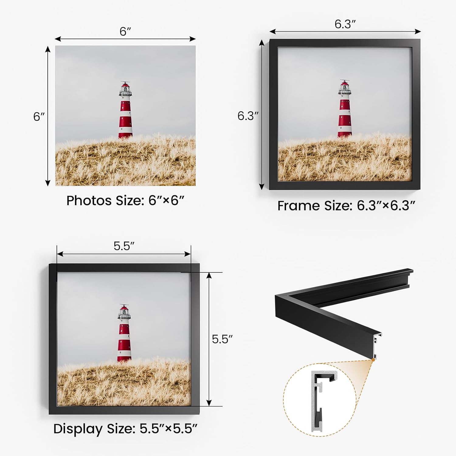 6x6 Aluminum Metal Picture Frame,Tempered Glass Black Photo Frame 6x6 for Family Photo,Posters,Art,Document to Wall Mount Horizontally or Vertically