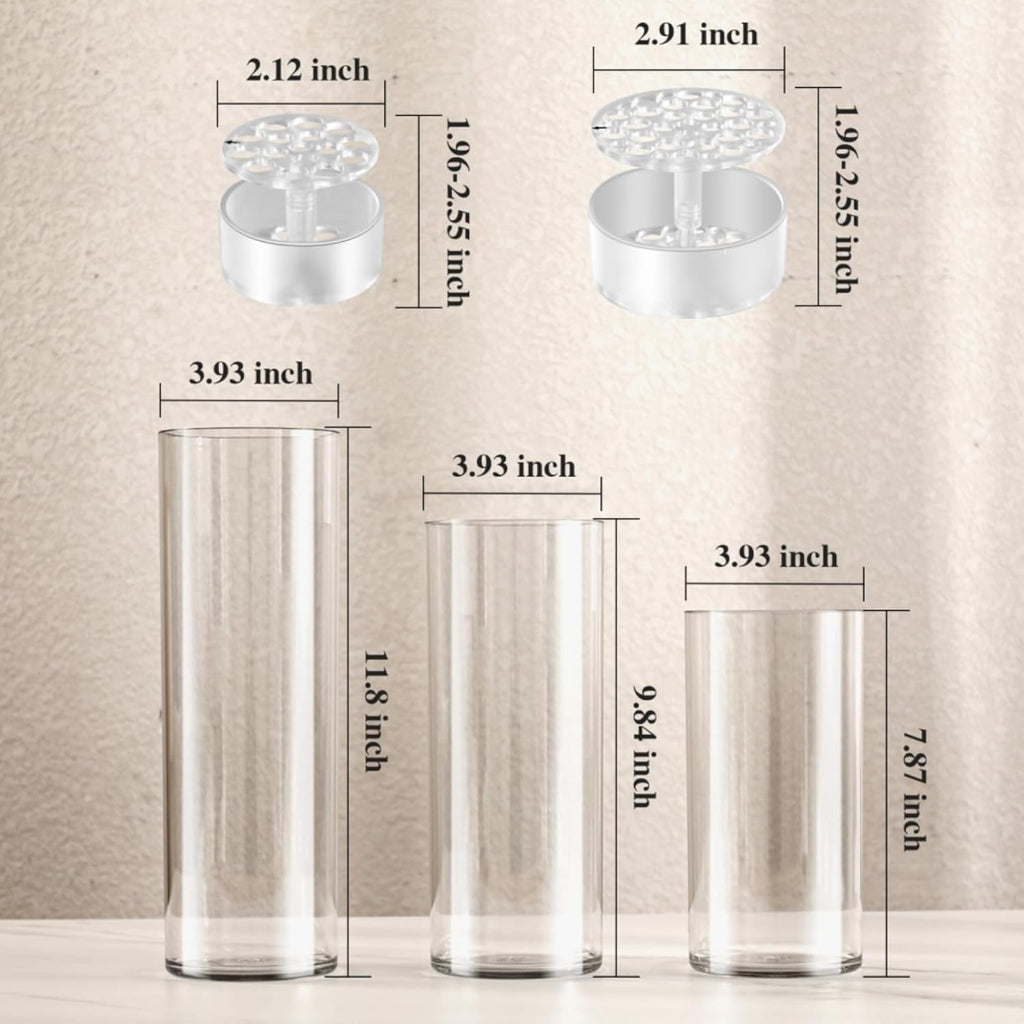 3 Large Acrylic Clear Cylinder Vase Set with 2 Spiral Ikebana Stem Holder Ring, Unbreakable Tall Plastic Hurricane Vases for Wedding Centerpieces Flower Bouquet Decor (3 Vases + 2 Holder)