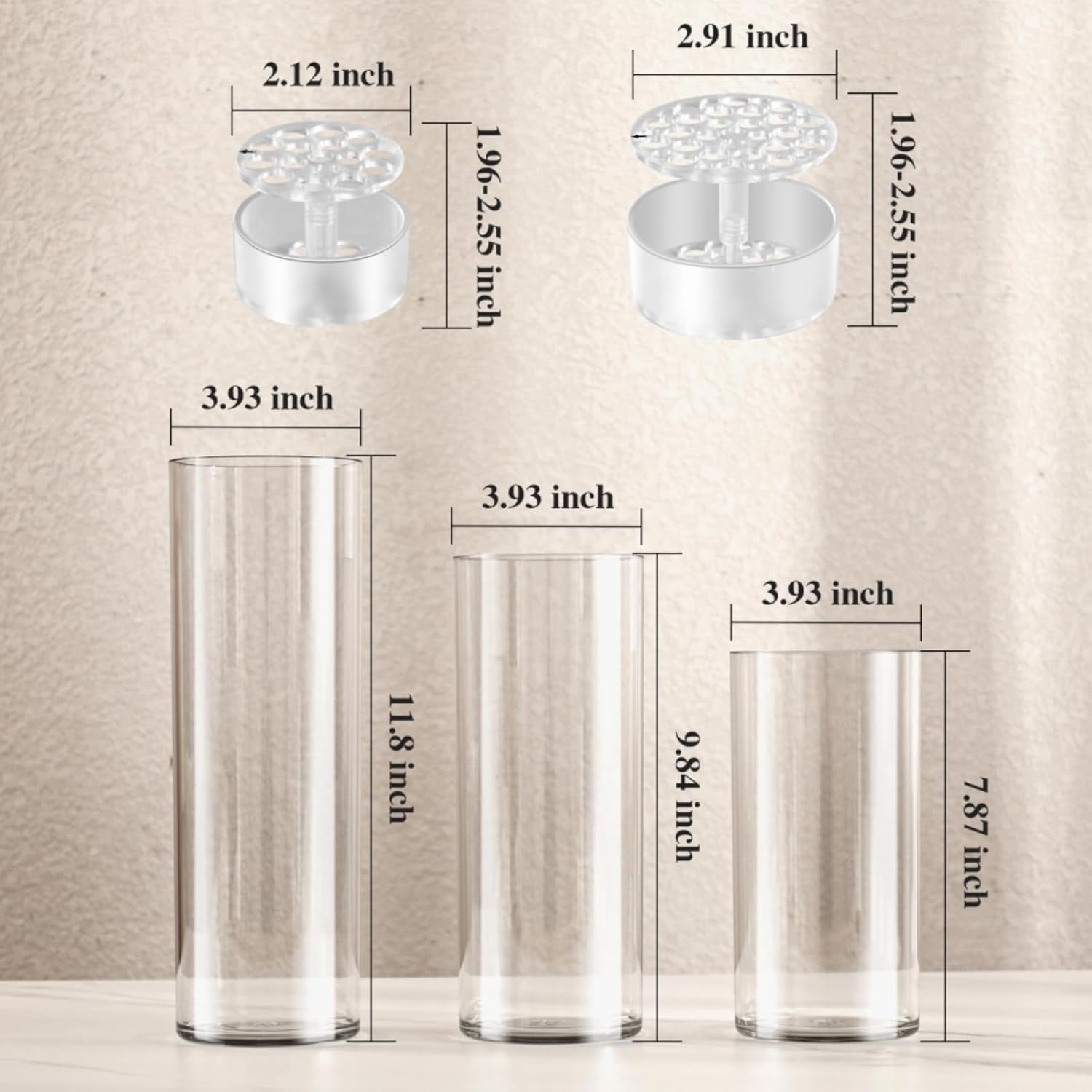3 Large Acrylic Clear Cylinder Vase Set with 2 Spiral Ikebana Stem Holder Ring, Unbreakable Tall Plastic Hurricane Vases for Wedding Centerpieces Flower Bouquet Decor (3 Vases + 2 Holder)
