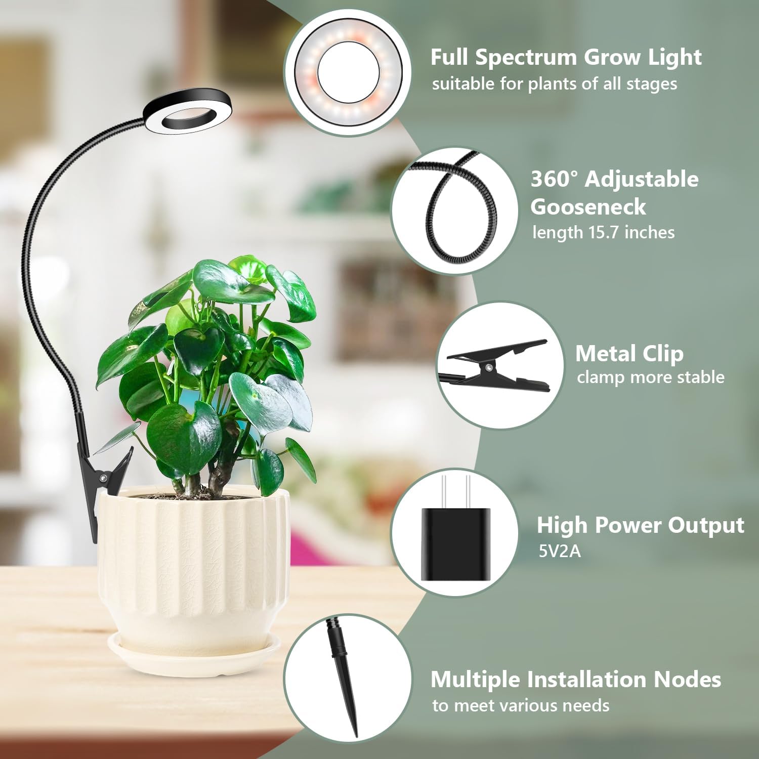 Plant Light 2 Pack, Clip on Grow Lights for Indoor Plants, LED Full Spectrum Halo Grow Lamp with, 6/12/16H Timer, 5 Dimmable, 3 Modes, 2 Installation Options Clip or Plug