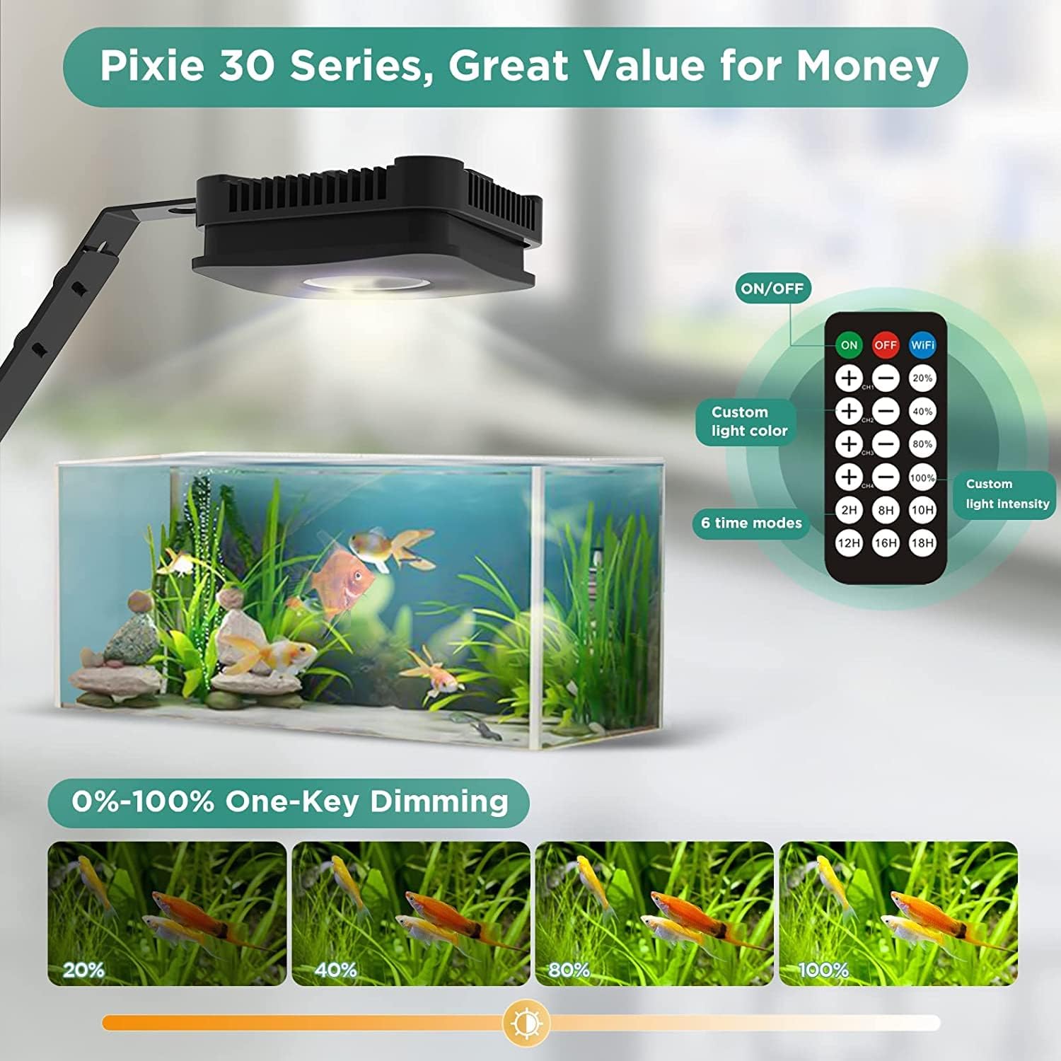 Lominie LED Aquarium Light, Full Spectrum Fish Tank Light, Clip on Freshwater Planted Light Adjustable Gooseneck for Freshwater Coral Fish Tanks, Dimmable Nano Refugium Tank Light Supports Remote Wifi
