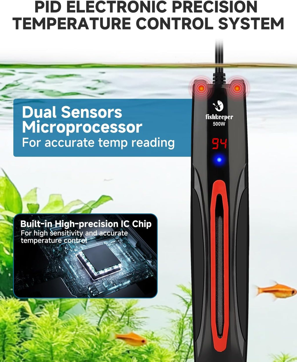 fishkeeper 500W Adjustable Submersible Aquarium Heater - PID Electronic Smart Thermostat Fish Tank Heater with Out-of-Water/Run-Dry/Overheat/Low-Temp Safety Protection for 65-120 Gallon Fish Tanks