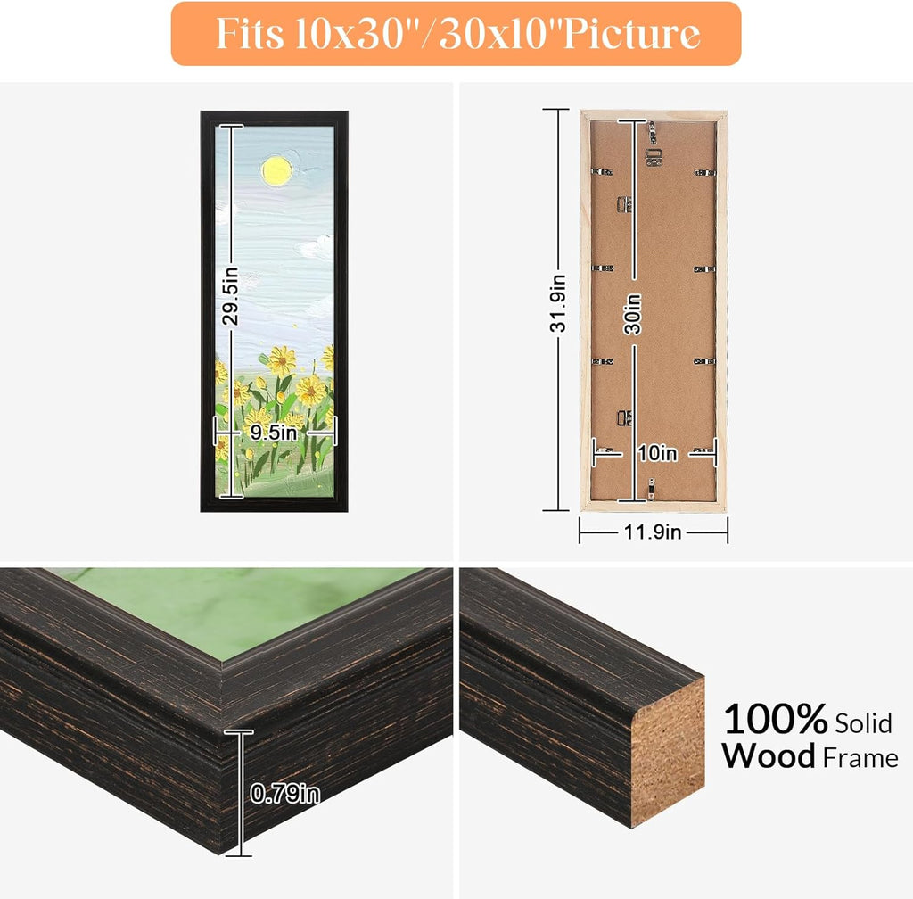 10x30 Wood Frame Black, Rustic Natural Wooden 30x10in Poster Picture Frame, Distressed 10 x 30inch Woodgrain Gallery Photo Frame with HD Plexiglass, Horizontal Vertical Wall Mounting Display 1pcs