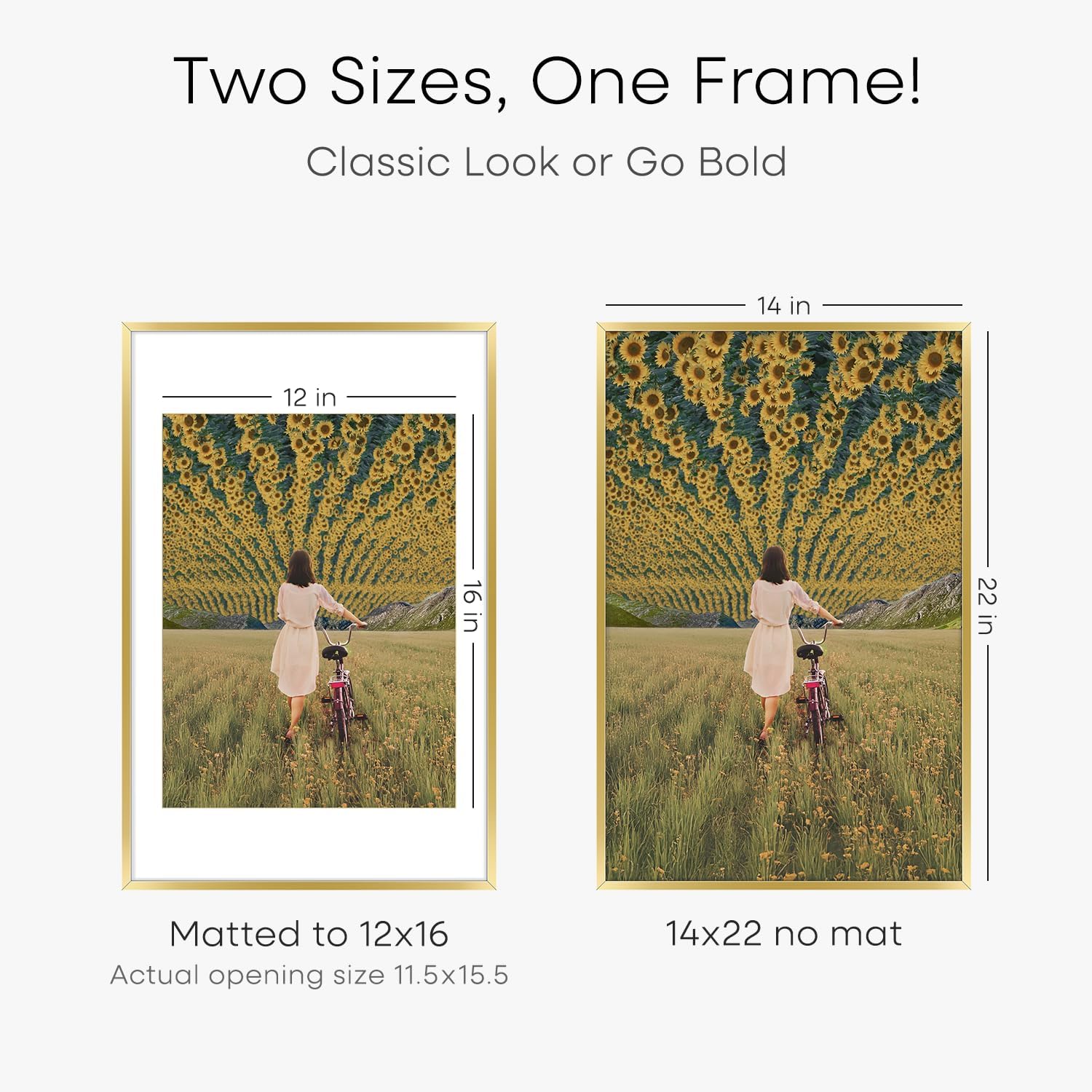 Homeforia 14x22 Picture Frame Gold, High End Metal 14x22 Poster Frames with Mat 12x16 Photo, 14 x 22 Gold Frames Matted to 12 by 16 Print, 22x14 Thin Hanging Frames, Tempered Glass, Wall Kit, Set of 3