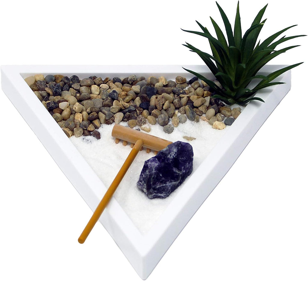 Nature's Mark Mini Zen Garden Kit with White Sand, Rake, White Base, Salt Rock and Air Plant (Triangle)