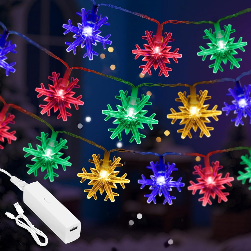 Christmas Lights Indoor Multicolor, 20FT 40 LED Colored Snowflake String Lights Battery Operated, Rechargeable Fairy Lights with 8 Modes & Timer for Bedroom Party Home Xmas Tree Decorations Multicolor
