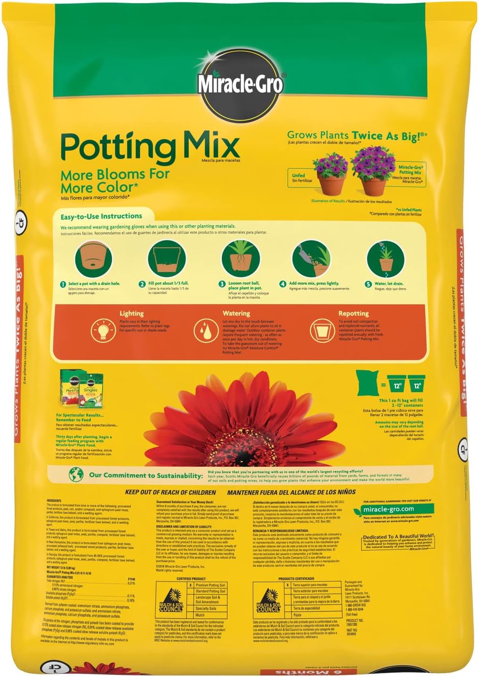Miracle-Gro Potting Mix, For Container Plants, Flowers, Vegetables, Shrubs, Annuals, Perennials, Feeds up to 6 Months, 1 cu. ft., 2-pack