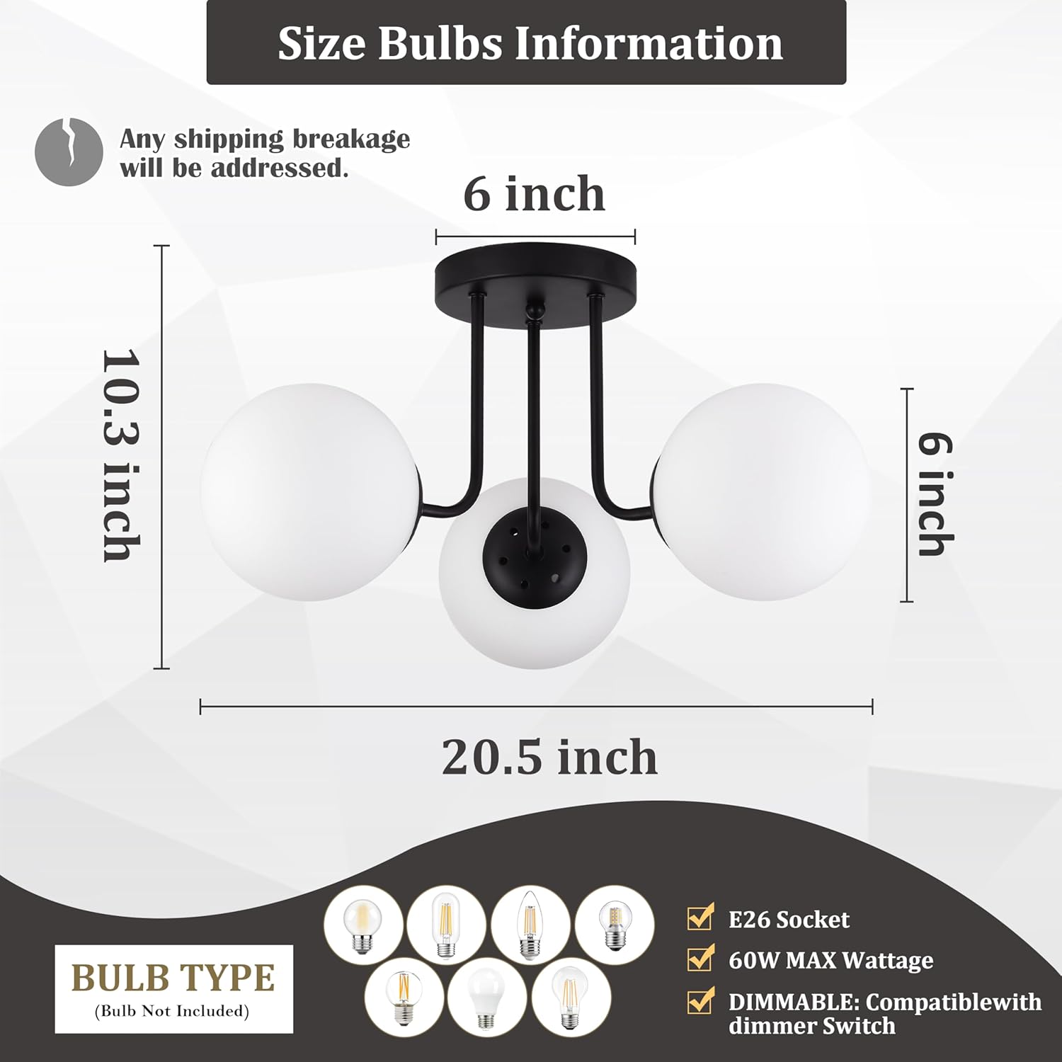 KoKo&Yukina 3-Light Semi Flush Mount Ceiling Light Globe Lights Mid Century Ceiling Light with Opal Milk Glass Globe & Matte Black for Bedroom Hallway Entryway Kitchen Living Room (Bulb Incl.)