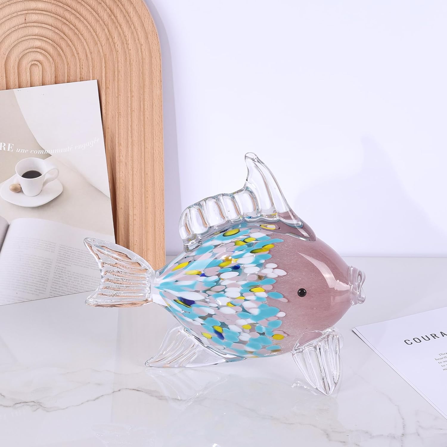 LCCCK Large Hand Blown Glass Fish Figurines, Aquarium Sea Glass Art, Fish Statue Sculpture Modern Coastal Accent - for Beach Knick Knacks, Coffee Tables, Nautical Offices Centerpiece (Colorful Pink)