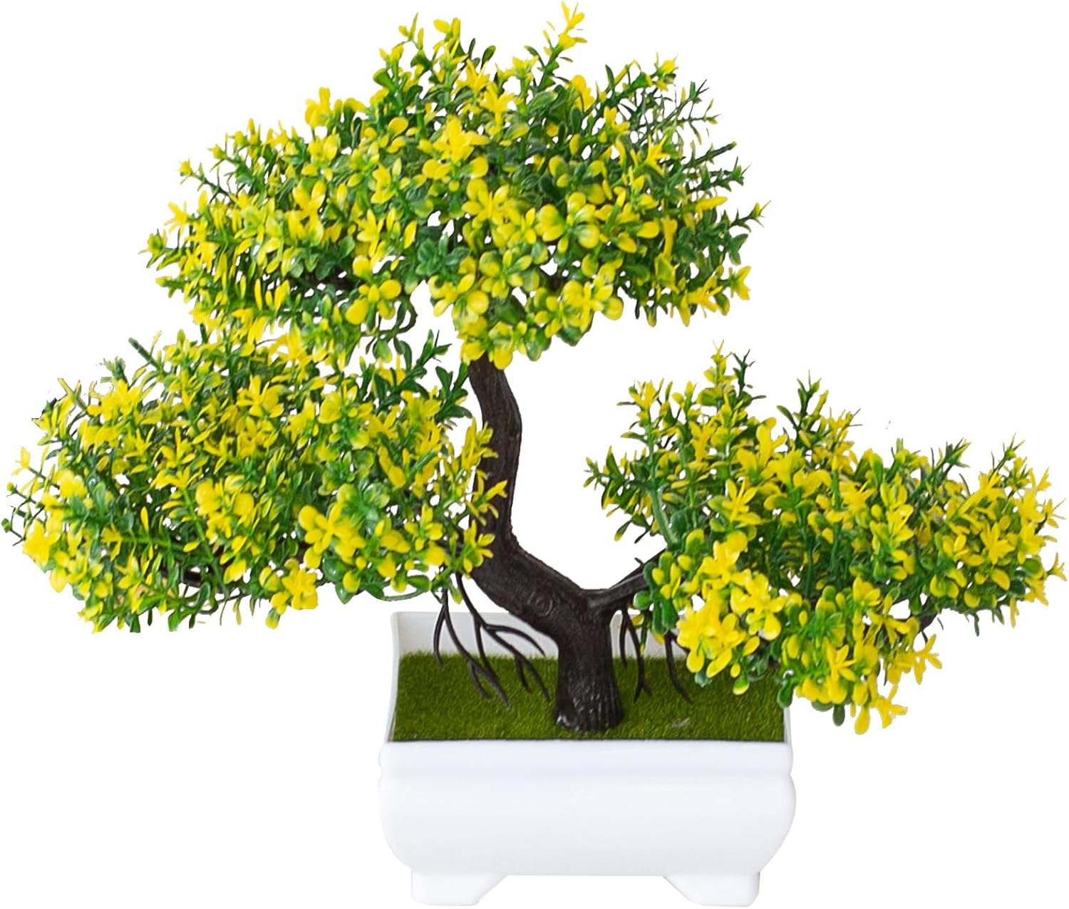 Mini Artificial Bonsai Tree Plants Artificial Plant Welcome Pine Tree with Plastic Cement Pots for Home Office Décor (Yellow)