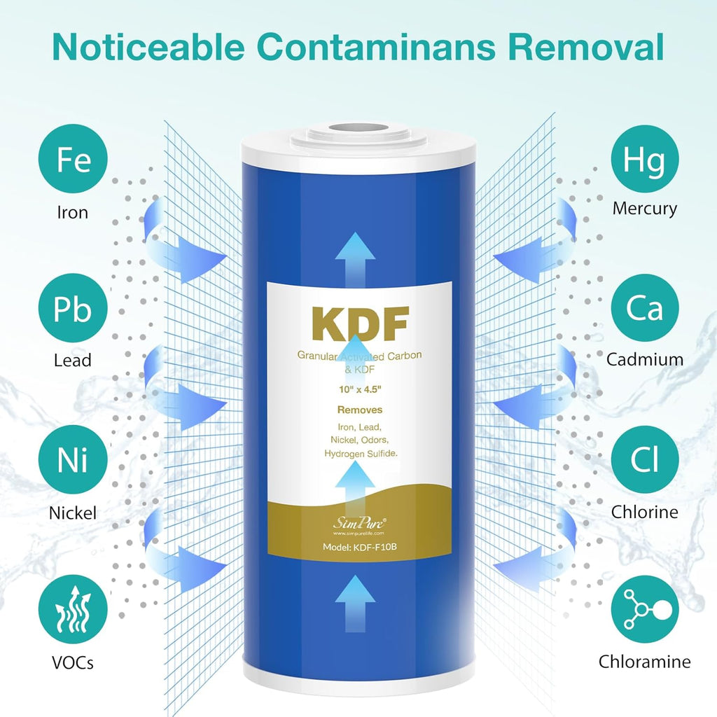 SimPure Whole House Water Filter Cartridges 5 Micron 10" x 4.5" CTO+GAC/KDF 2-Stage Carbon and Heavy Metal Filter Set, for DB10C-2KDF, DB10P, WGB21B-KS, FC15B, FG15B-KS, 1 Set