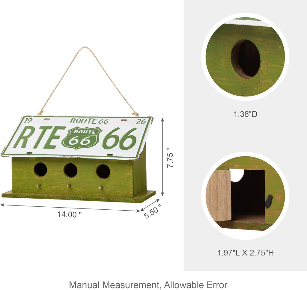 Glitzhome 14" Hanging Birdhouse for Outside, Green Licence Plate Design - Spring Ready Nesting Box & Christmas Garden Gift Idea