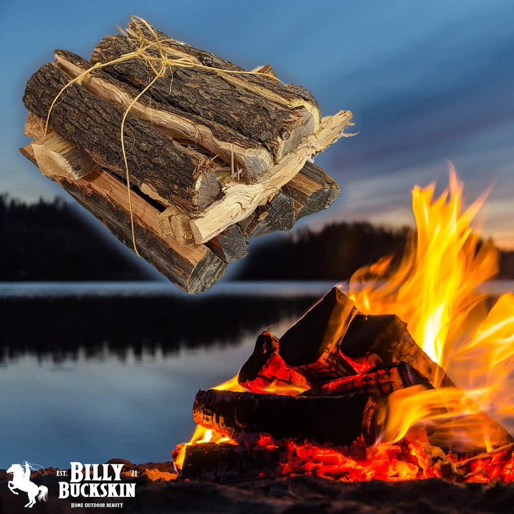 Billy Buckskin 18 LB Oak Firewood Bundle – Seasoned Fire Logs with Fatwood Starter Sticks for Fire Pit, Campfire, Fireplace, Wood Stoves and Outdoor Grilling – Camping Accessories