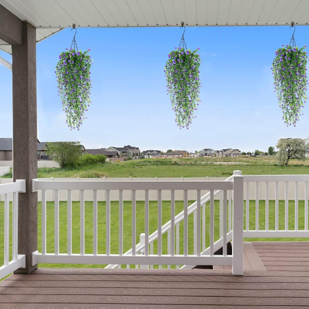 Artificial Hanging Flowers for Outdoor Indoor Decor , 6 packs Fake Eucalyptus Vine Faux Flower Greenery Garland Plastic Plants Outside UV Resistant Wall Garden Wedding Home Party Decor (Purple)