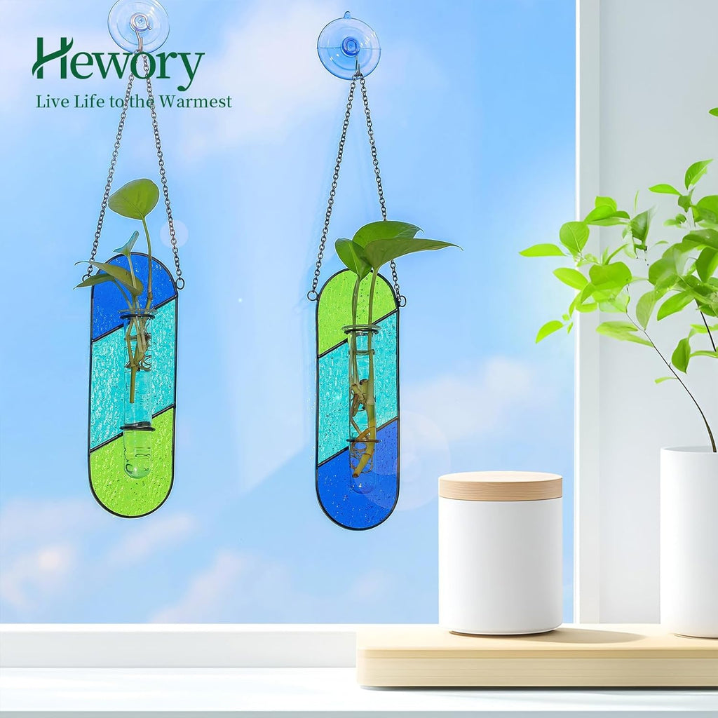 Hewory Stained Glass Plant Propagation Hanging 2 Pcs Propagation Station Planters for Window Decor - Unique Hydroponic Propagated Plant Holders for Kitchen Gifts for Mom