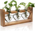 Plant Propagation Station, Plant Terrarium with Wooden Stand, Tabletop Glass Planter Desktop Plants Propagation Vase for Hydroponics Plants - 3 Heart Shaped Vases