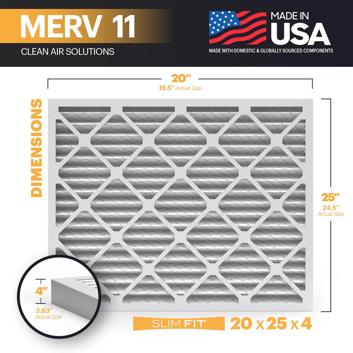 BNX TruFilter 20x25x4 (19.5’’ x 24.5’’ x 3.63‘’ Slim Fit) MERV 11 Air Filter 2-Pack - MADE IN USA - Air Conditioner Furnace Filters HVAC AC Furnace Filters for Allergy Dust, Pet, Mold, MPR 1200 FPR 7