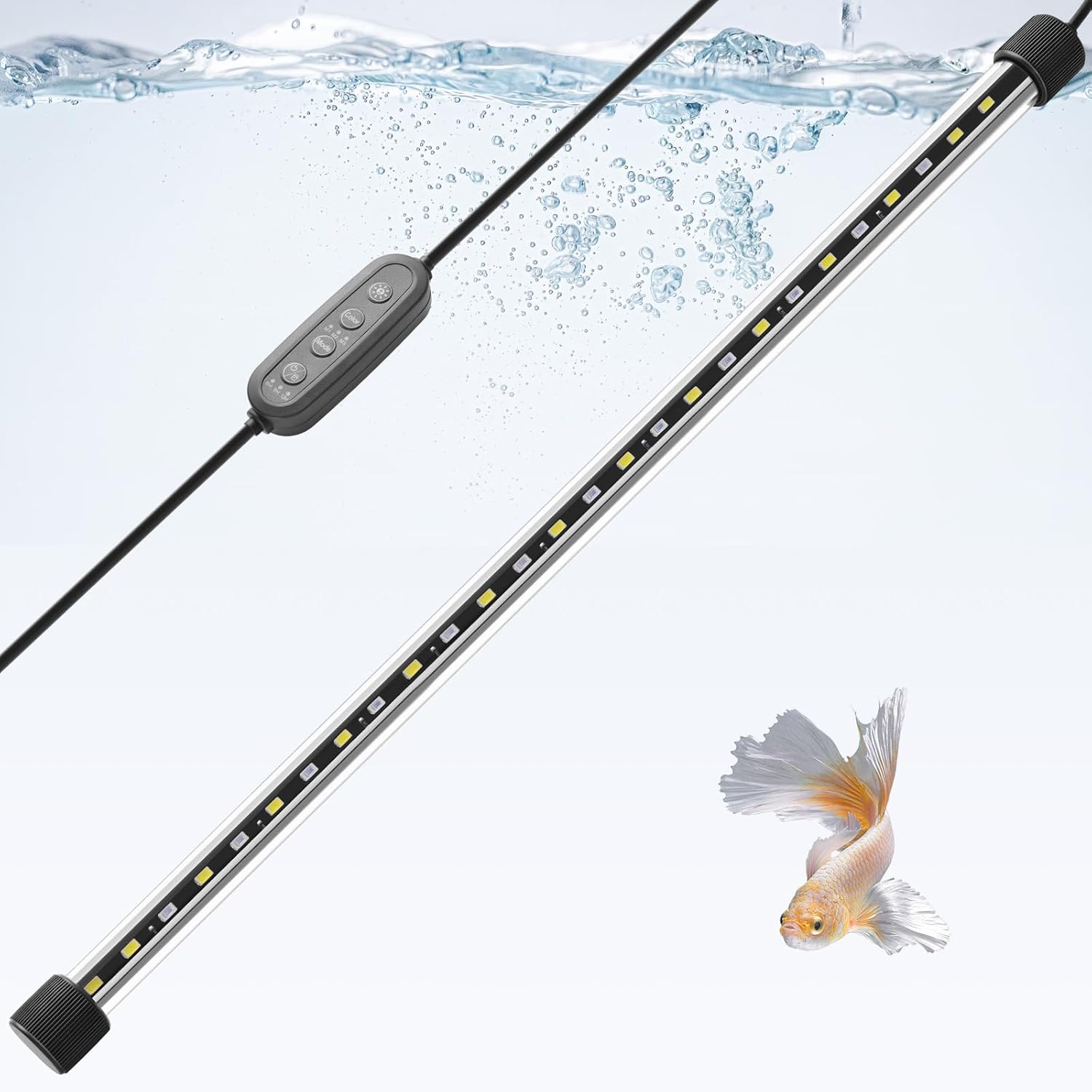 Dirvin 15inches 24/7 Mode Submersible Aquarium LED Light, 27 LED Beads 3 Colors Fish Tank Light with Timer Brightness Adjustable, Sunrise-Daylight-Moonlight Simulation for 15"-24" Fish Tank, 8W