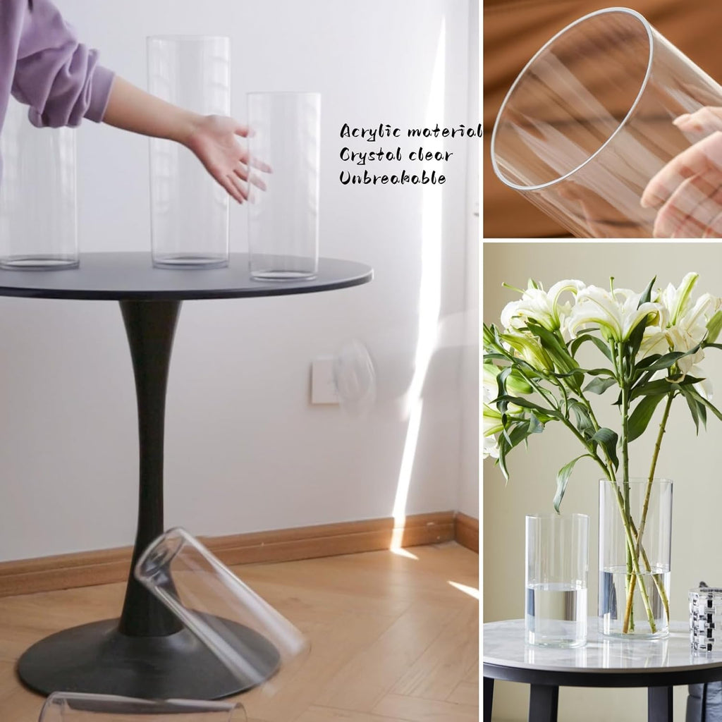 3 Clear Acrylic Cylinder Vase for Centerpieces, Tall Cylinder Plastic Hurricane Vases, Large Unbreakable Flower Vases for Wedding Bouquet (D 4.8" X H 8" + H 10" + H 12" Set of 3 + 2 Holder)