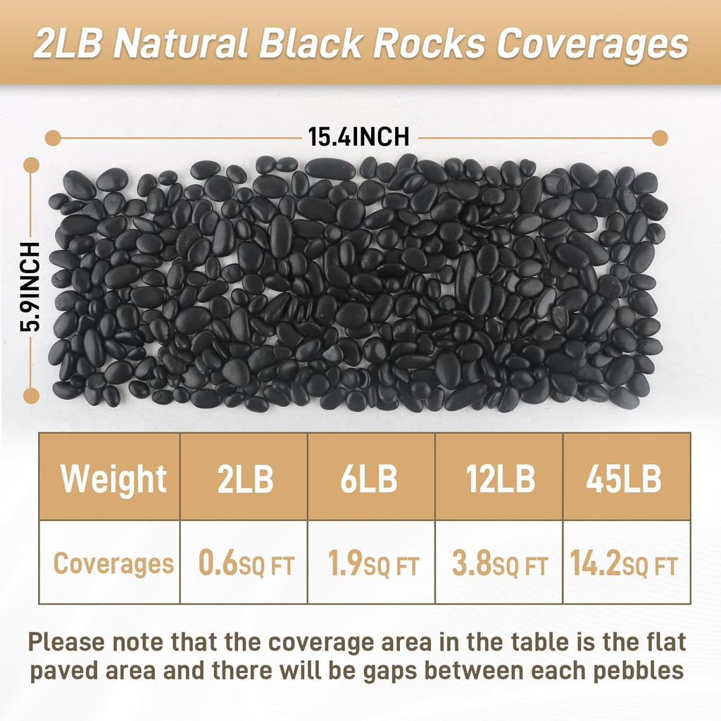 2lb Black Rocks for Planters- 1/4" - 3/4" Polished Black Stones Smooth Flat Pebbles for Fish Tanks Decorative River Rocks for Vases Bonsai Pots Garden Stones for Landscaping and Yards