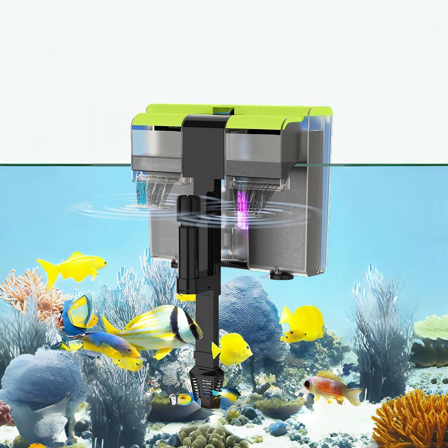 Aquarium Filter- 4 in 1 Double Waterfall U-V Fish Tank Filter for Green Water & Algae Clean, 8W Quiet Hang on Filter Adjustable Flow (12 Pack Replacement Plates for UV Filter)