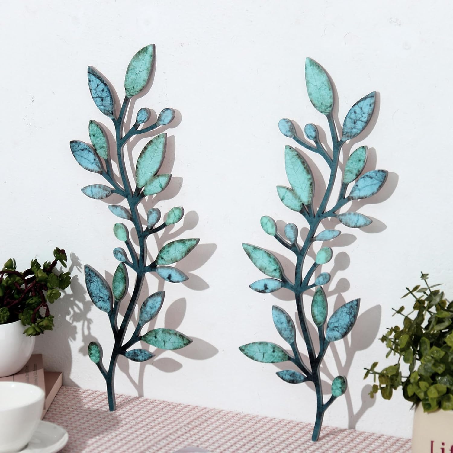 2 Pcs Colorful Tree Leaf Wall Art Decor Vine Home Wall Decoration Olive Branch Leaf Wall Decor Large Wall Decor for Bedroom, Living Room, Wall Sculptures Indoor Outdoor (Blue Green)