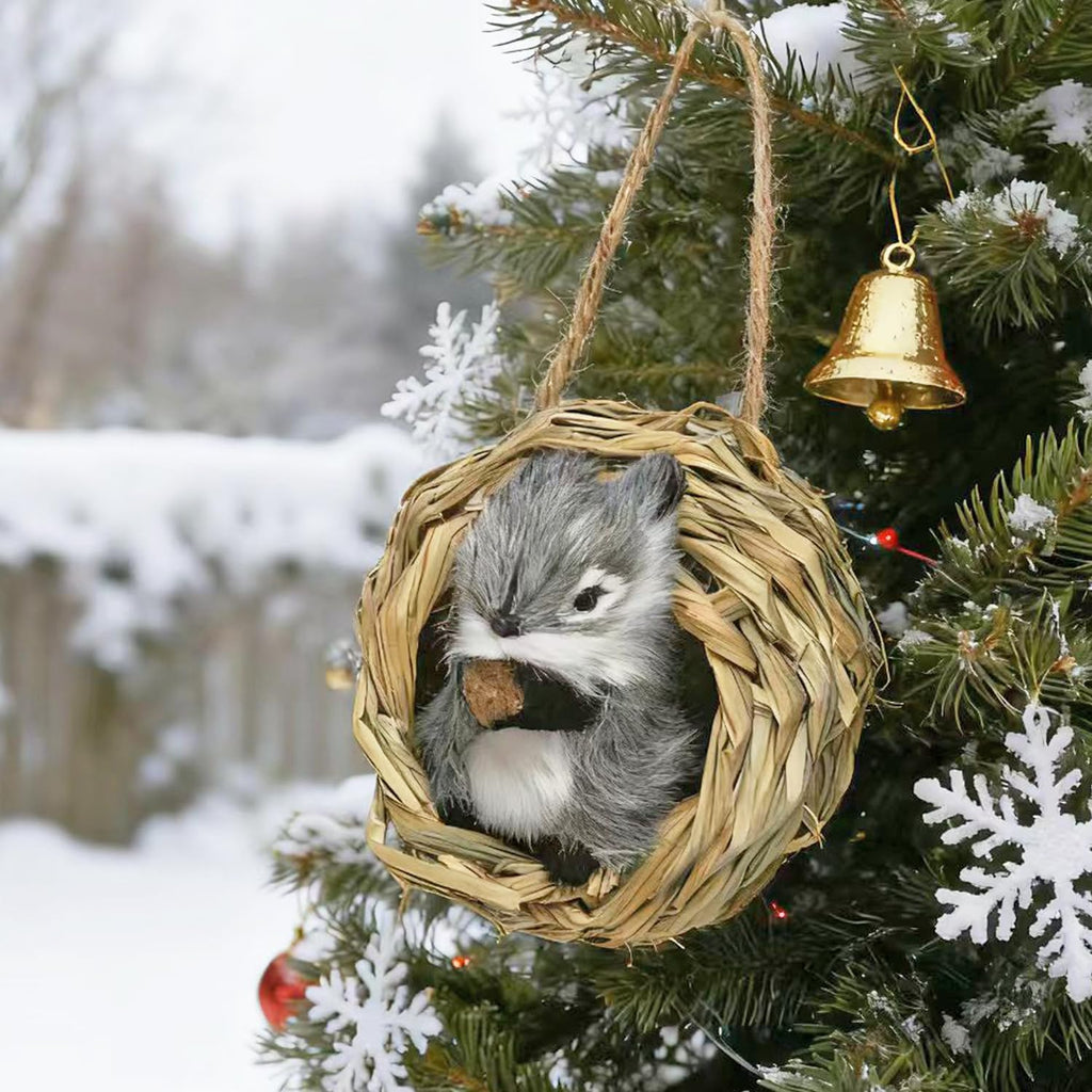 3D Forest Animals Ornaments for Christmas Tree Woodland Furry Animal Ornament Handmade Bird Nest with Plush Animal for Xmas Tree Faux Fur Animals Hanging Decoration (5" Nest & Grey Squirrel)