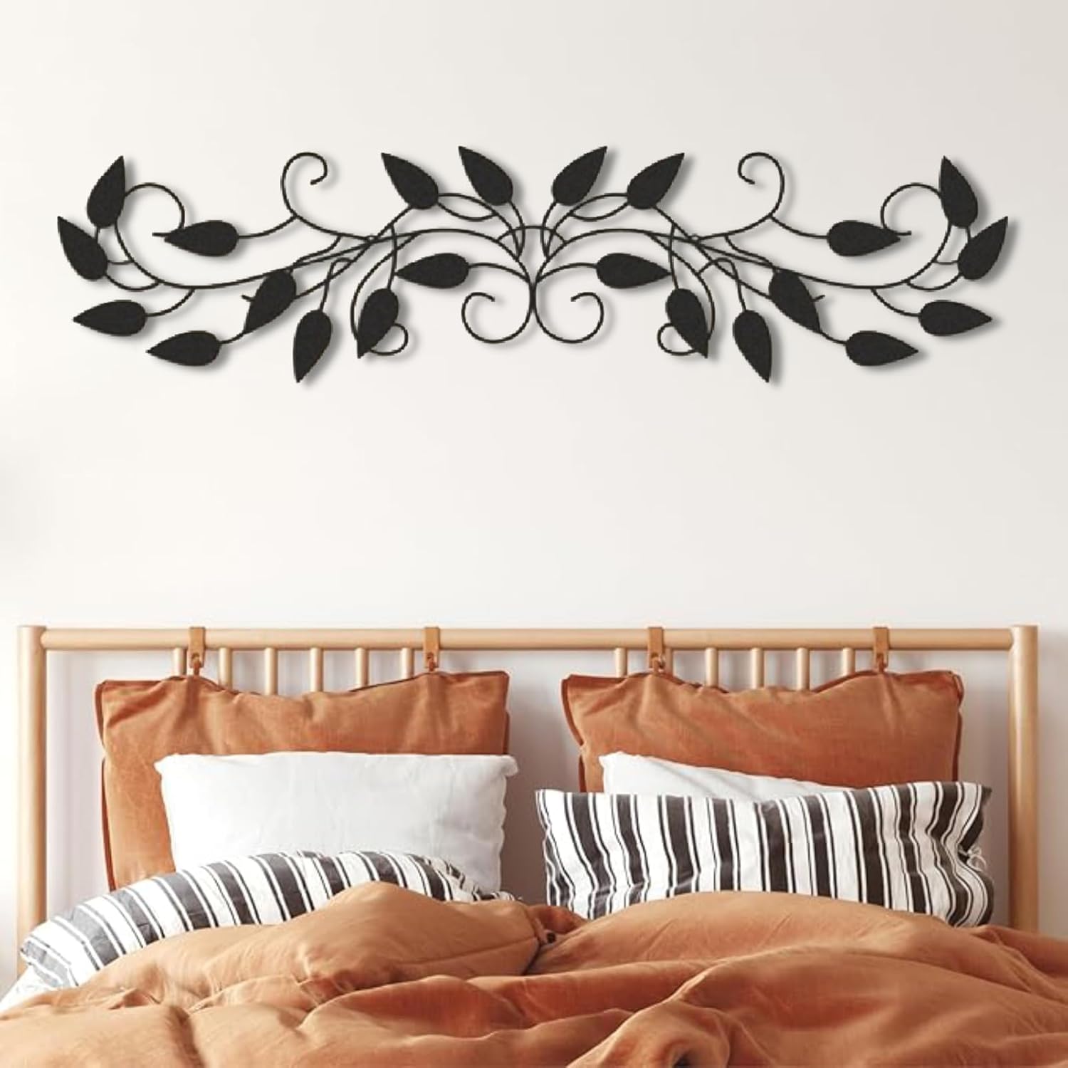 Cadeali Metal Tree Leaf Wall Decor, Vine Olive Branch Leaf Metal Wall Decor, Leafy Ivy Art, Leaves Art, Living Room, Bedroom Hanging, Gift Idea (Black, 24"x6"|62x16cm)