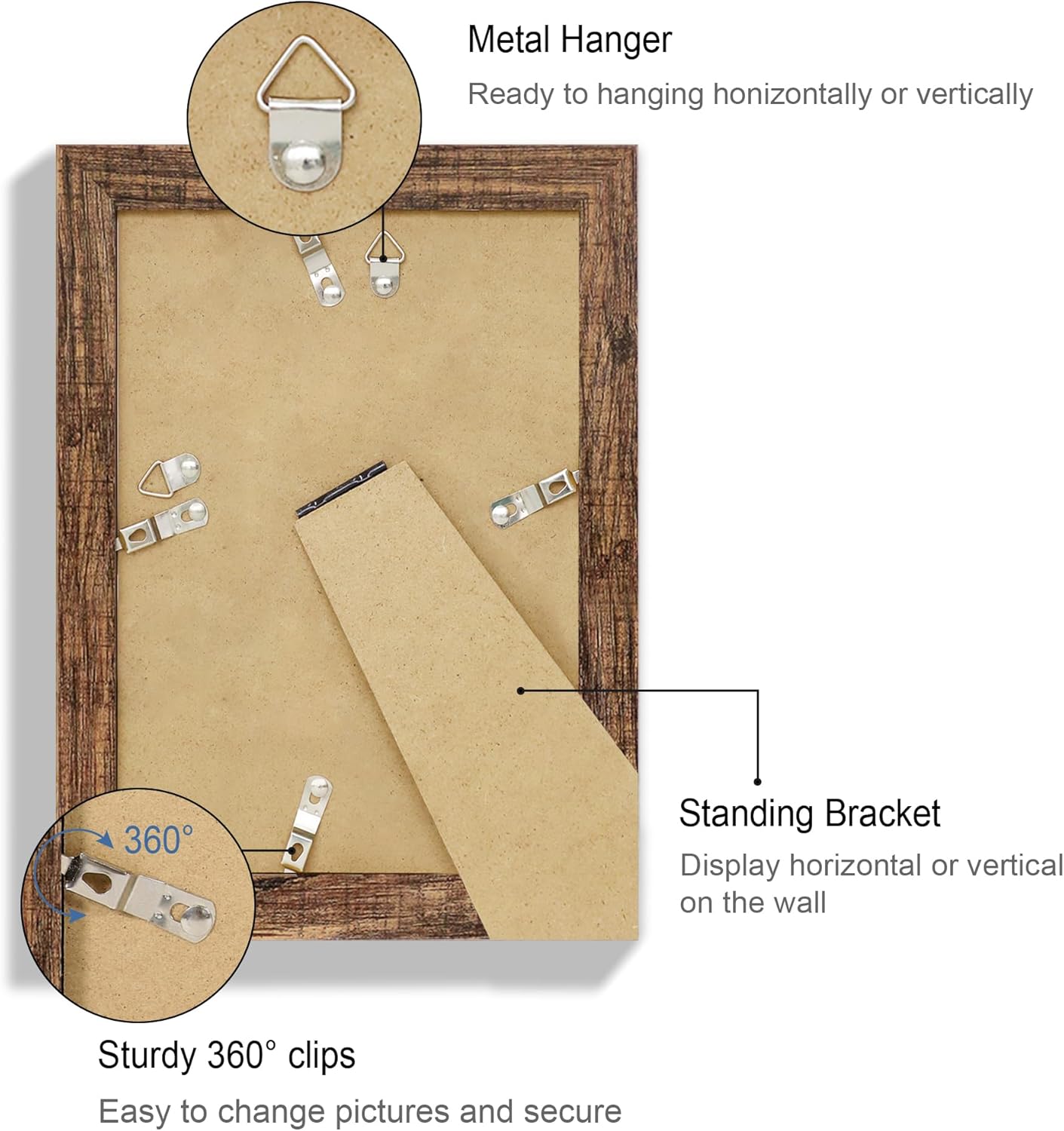5.5x8.5 Picture Frame Set of 4, Made of Real Glass and Rustic Brown Frame, 5.5 by 8.5 Photo for Wall or Tabletop