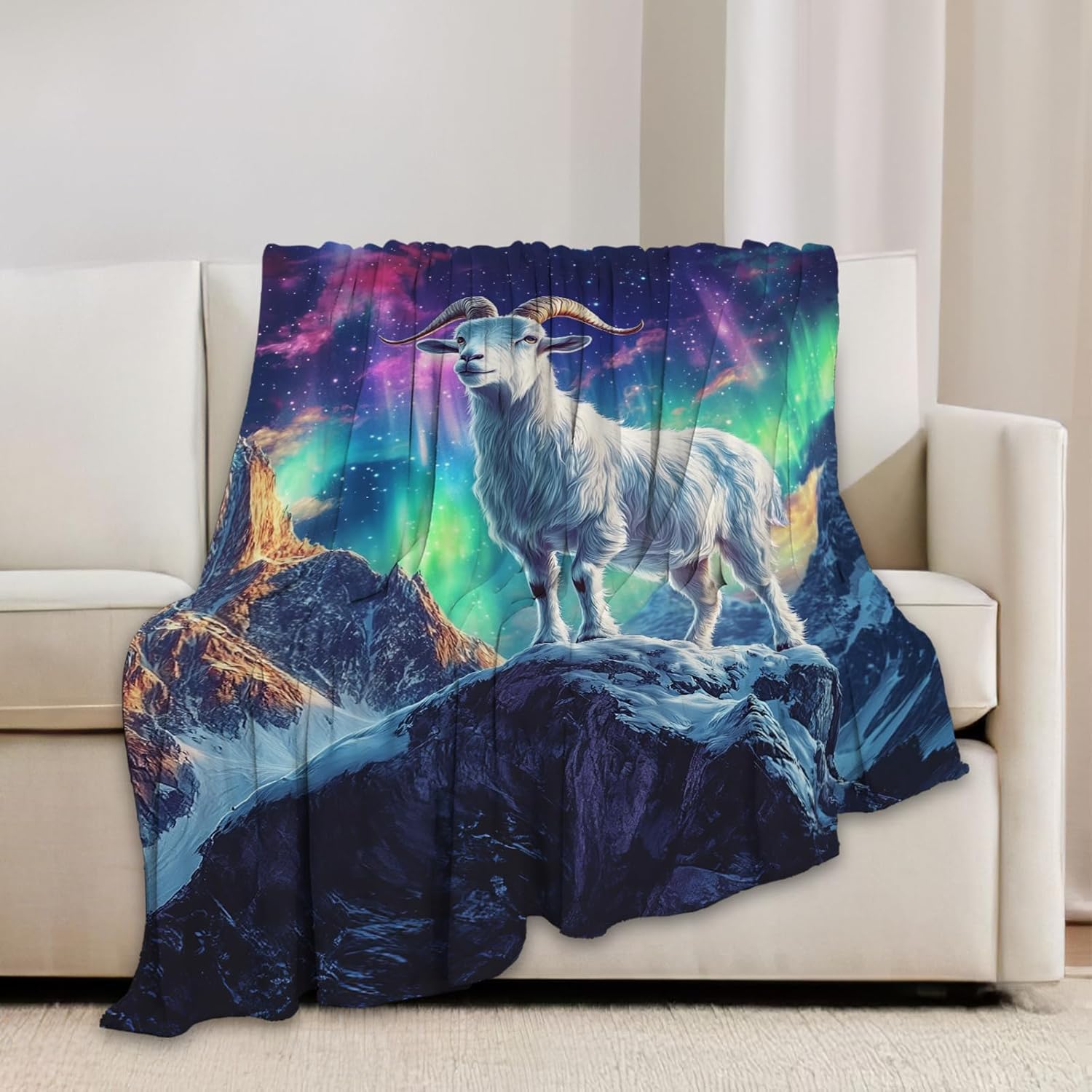 Goat Blanket Aurora Mountain Goat Animal Lover Throw Blankets Gifts for Girls Boys Kids Soft Cozy Fleece Plush for Couch Sofa Bed 50"x40"