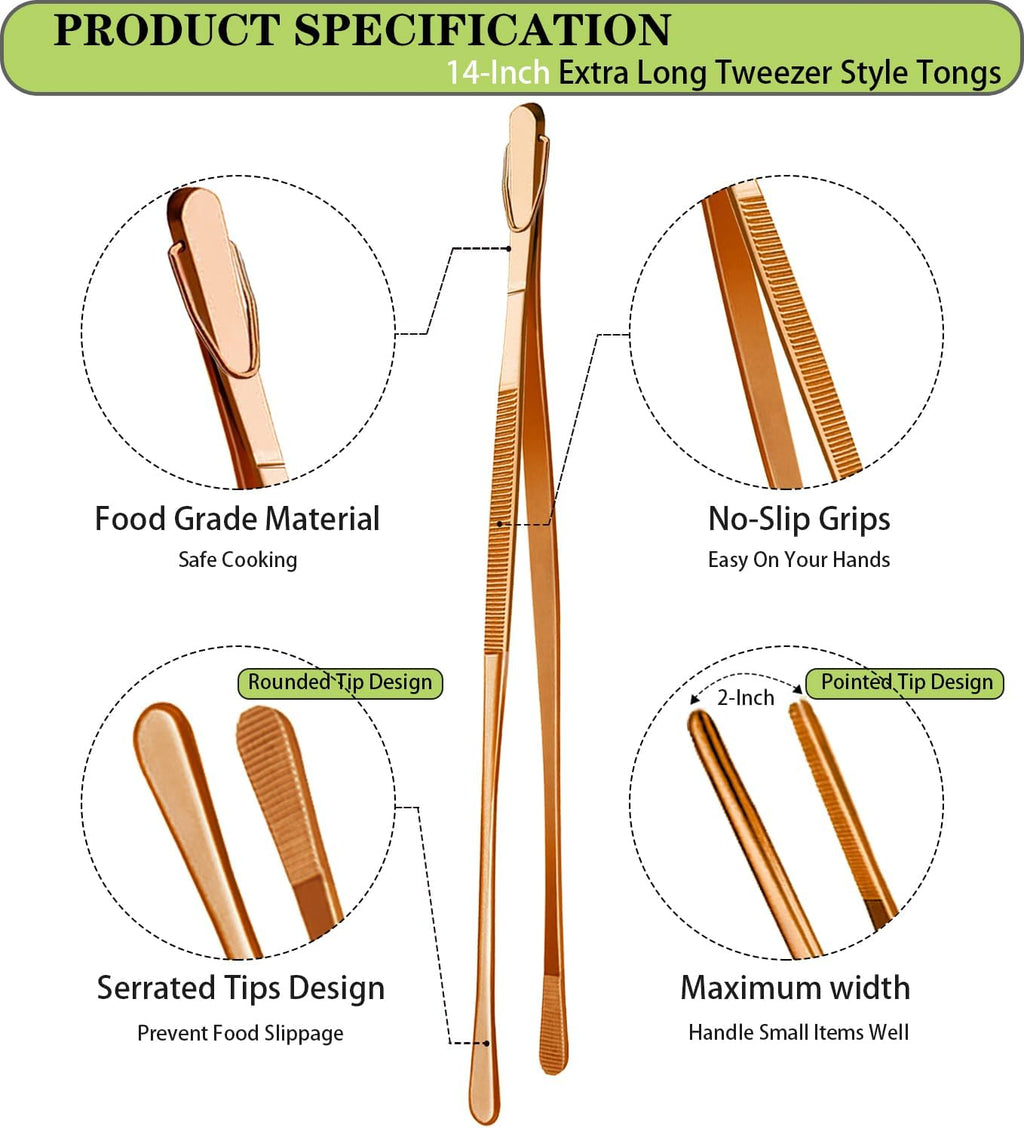 JETKONG 2 Pcs 14-Inch Kitchen Tweezers Extra Long Cooking Tweezer Tongs Stainless Steel Long Food Tweezers (Rose Gold)