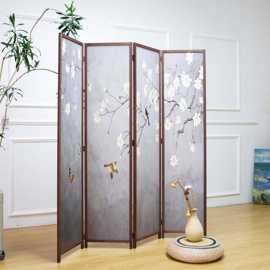 4 Panel Room Divider Screen,Double Faced Blackout Panel Divider Folding Panel Screen Divider for Room Separation,Magnolia and Plums,67" H x 63" W