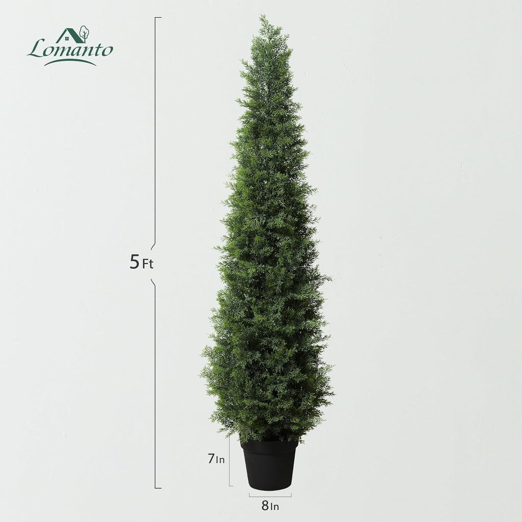 LOMANTO Outdoor Artificial Topiary Cedar Tree 2Pack Fake Tree 5Ft UV Rated Potted Plants for Porch Decor Faux Pine Plant for Housewarming