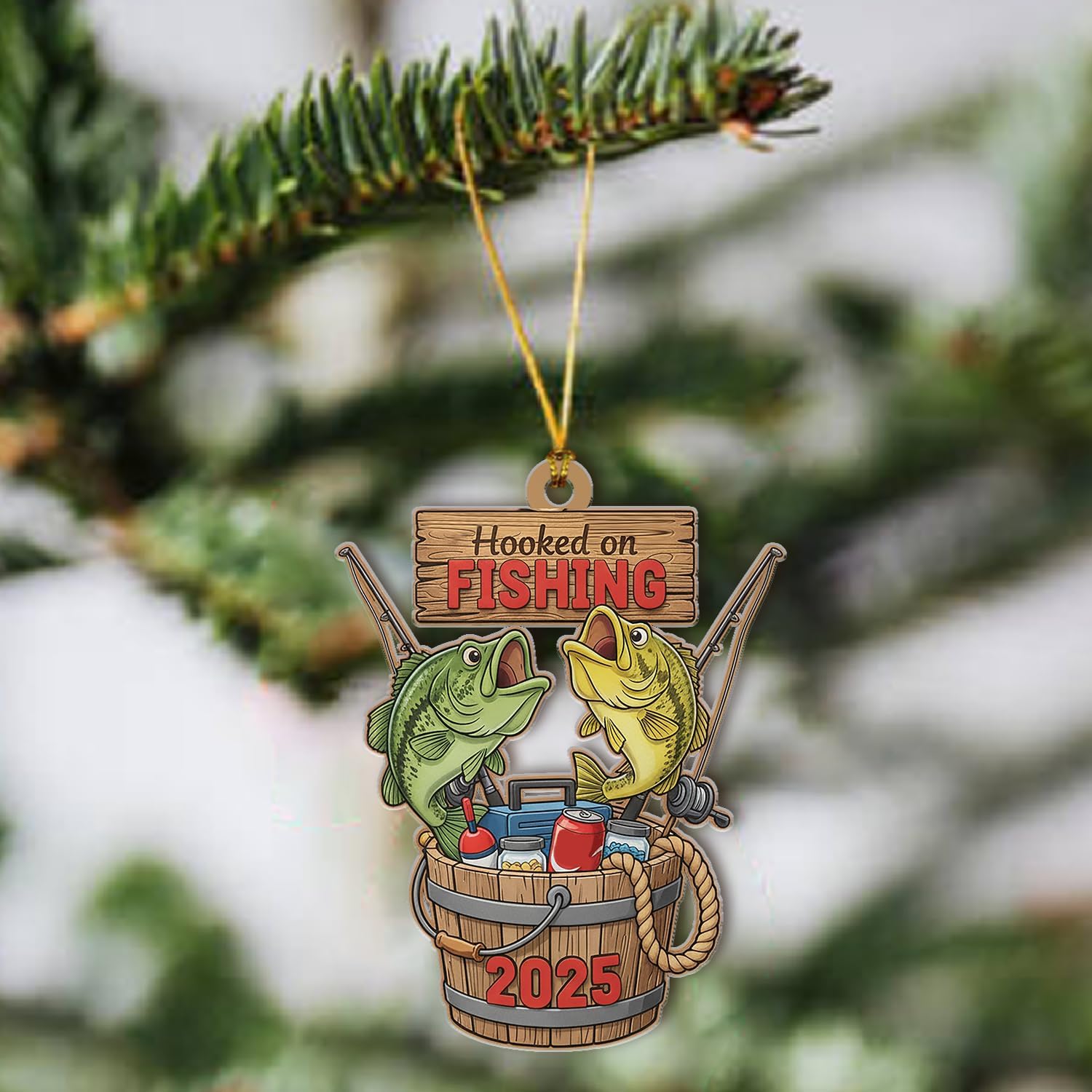 Personalized Bass Fishing Ornament - Fishing Pole and Tackle Ornaments Christmas Tree Decor - Outdoor Hanging Xmas Decorations Gift for Anglers, Dads & Fisherman